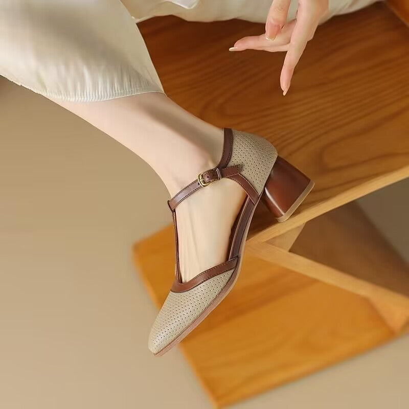 Hole Sandals Female Summer Retro Style Color Block Chunky Heel Pumps